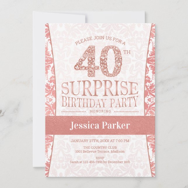 Surprise 40th Birthday Party - Rose Gold White Invitation (Front)