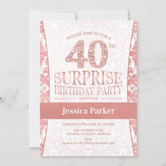 Surprise 40th Birthday Party - Rose Gold White Invitation | Zazzle.com