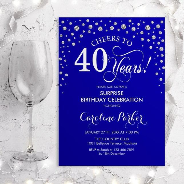 Surprise 40th Birthday Party - Royal Blue Silver Invitation (Creator Uploaded)