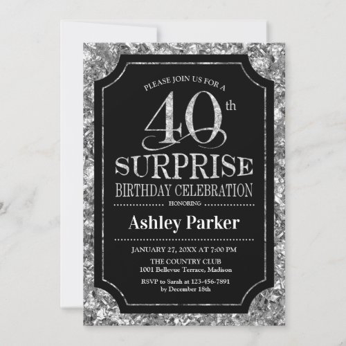 Surprise 40th Birthday Party _ Silver Black Invitation