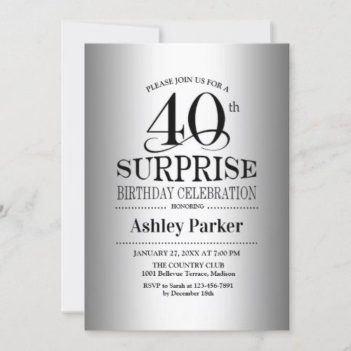 Surprise 40th Birthday Party _ Silver Invitation