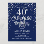 Surprise 40th Birthday Party - Silver & Navy Blue Invitation<br><div class="desc">Surprise 40th Birthday Party Invitation.
 Elegant design in navy blue and faux glitter silver. Features stylish script font and confetti. Message me if you need custom age.</div>