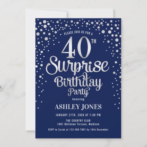 Surprise 40th Birthday Party _ Silver  Navy Blue Invitation