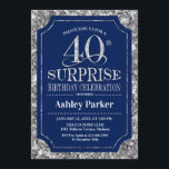 Surprise 40th Birthday Party - Silver Navy Blue Invitation<br><div class="desc">Surprise 40th Birthday Celebration Invitation.
Elegant classy design in navy blue and faux glitter silver pattern. Features elegant script font. Message me if you need further customization.</div>