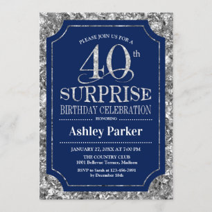 Surprise 40th Birthday Party - Silver Navy Blue Invitation