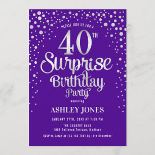 Surprise 40th Birthday Party - Silver & Purple Invitation