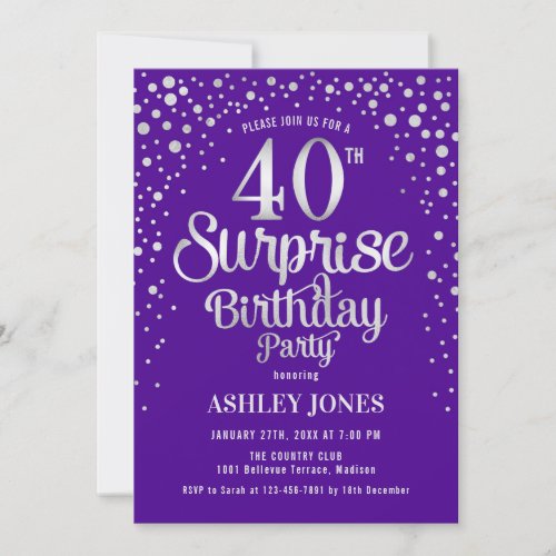 Surprise 40th Birthday Party _ Silver  Purple Invitation