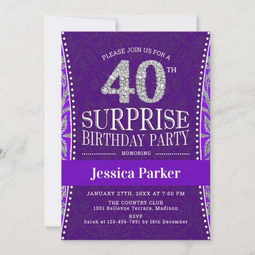 Surprise 40th Birthday Party _ Silver Purple Invitation