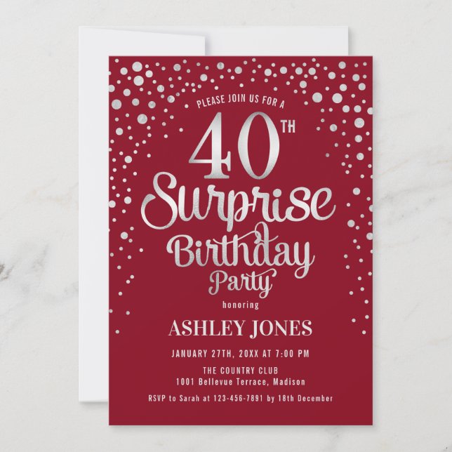 Surprise 40th Birthday Party - Silver & Red Invitation (Front)