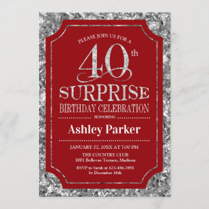 Surprise 40th Birthday Party - Silver Red Invitation
