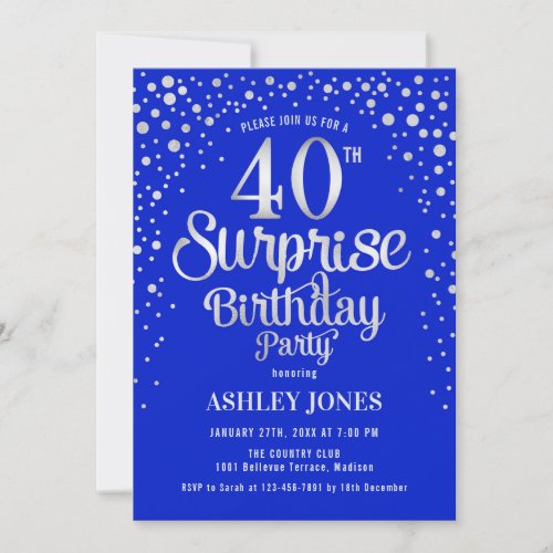 Surprise 40th Birthday Party _ Silver  Royal Blue Invitation