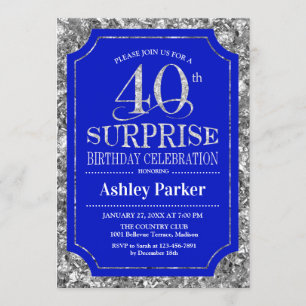 Surprise 40th Birthday Party - Silver Royal Blue Invitation
