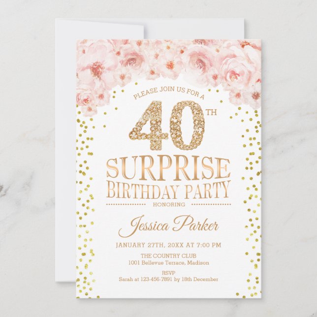 Surprise 40th Birthday Party - White Gold Pink Invitation (Front)