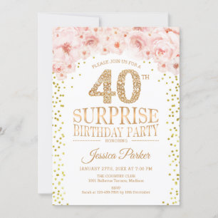 Surprise 40th Birthday Party - White Gold Pink Invitation