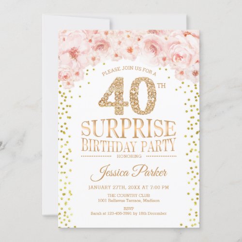 Surprise 40th Birthday Party _ White Gold Pink Invitation