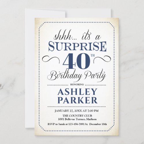Surprise 40th Birthday Party _ White Navy Invitation