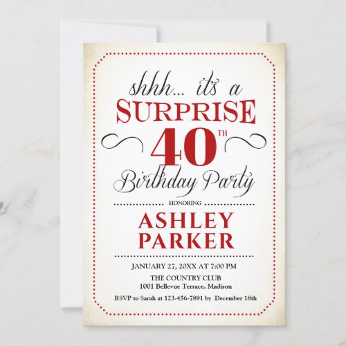Surprise 40th Birthday Party _ White Red Black Invitation