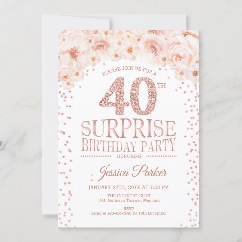 Surprise 40th Birthday Party _ White Rose Gold Invitation