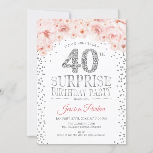 Surprise 40th Birthday Party _ White Silver Pink Invitation