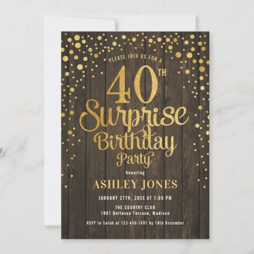 Surprise 40th Birthday Party _ Wood  Gold Invitation