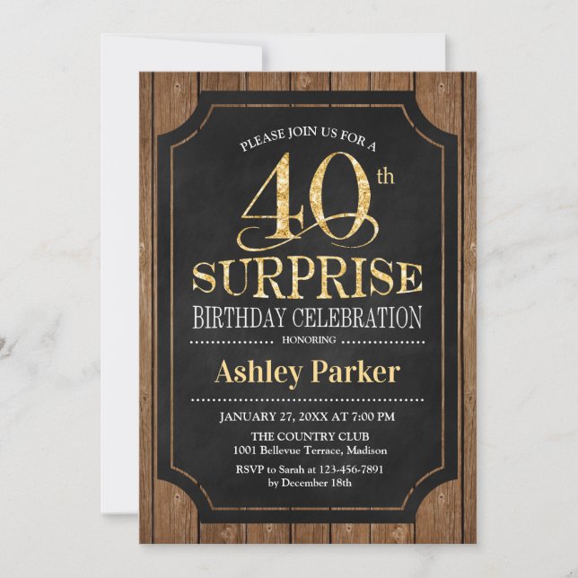 Surprise 40th Birthday Party - Wood Gold Invitation (Front)