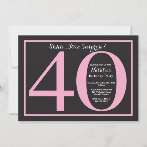 Surprise 40th Birthday Pink and Black Chalkboard Invitation