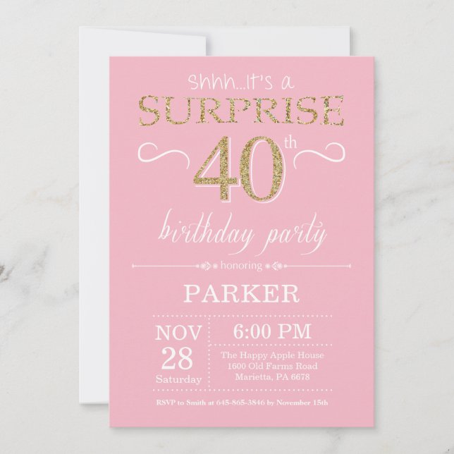 Surprise 40th Birthday Pink and Gold Glitter Invitation (Front)