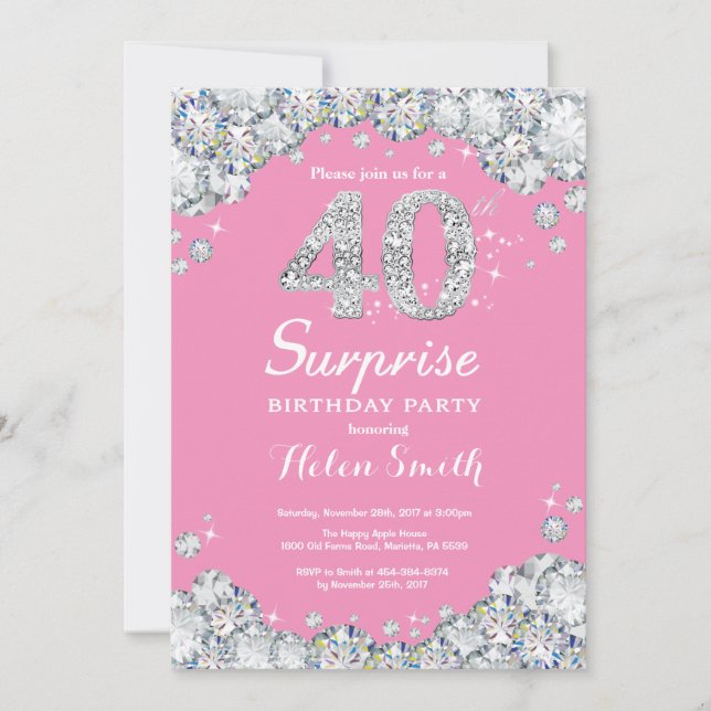Surprise 40th Birthday Pink and Silver Diamond Invitation (Front)