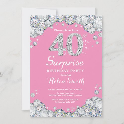 Surprise 40th Birthday Pink and Silver Diamond Invitation