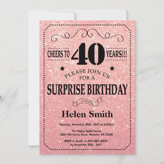 Surprise 40th Birthday Pink Rose Gold Glitter Invitation 