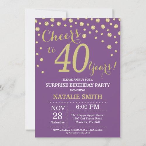 Surprise 40th Birthday Purple and Gold Diamond Invitation