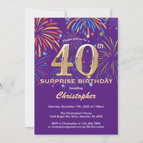 Surprise 40th Birthday Purple and Gold Firework Invitation
