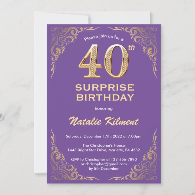 Surprise 40th Birthday Purple and Gold Glitter Invitation (Front)