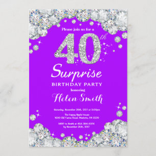 Surprise 40th Birthday Purple and Silver Diamond Invitation
