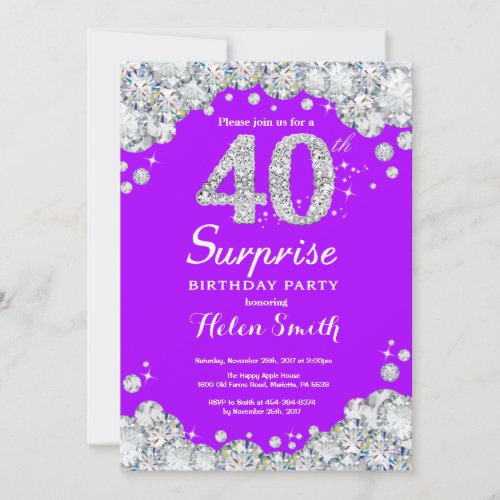 Surprise 40th Birthday Purple and Silver Diamond Invitation