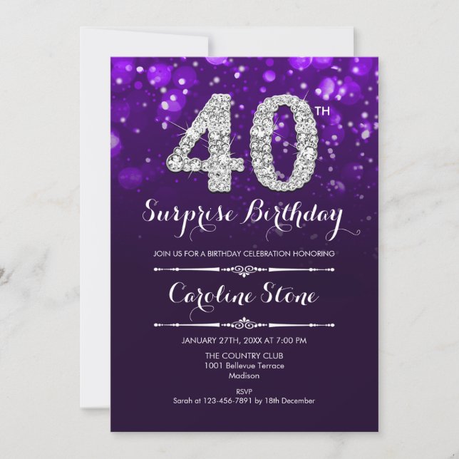 Surprise 40th Birthday - Purple Silver Invitation (Front)