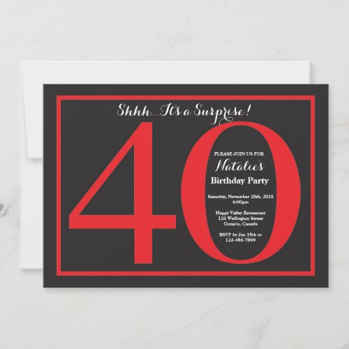 Surprise 40th Birthday Red and Black Chalkboard Invitation