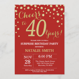 Surprise 40th Birthday Red and Gold Diamond Invitation