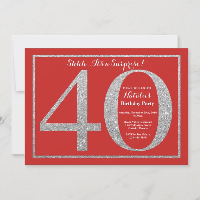 Surprise 40th Birthday Red and Silver Glitter Invitation (Front)