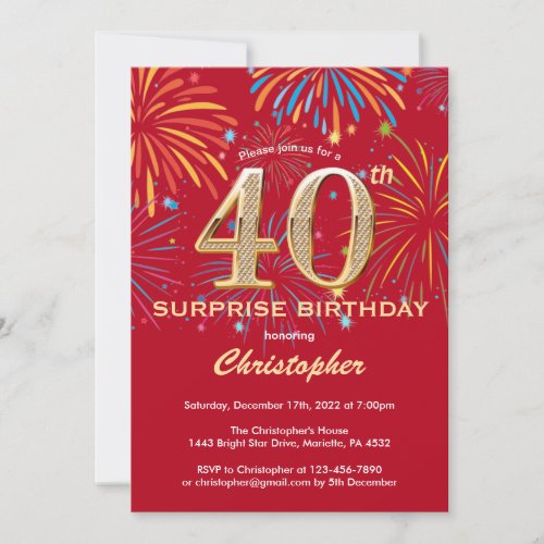 Surprise 40th Birthday Red  Gold Rainbow Firework Invitation