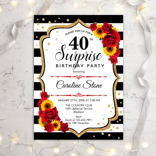 Surprise 40th Birthday _ Red Roses Sunflowers Invitation