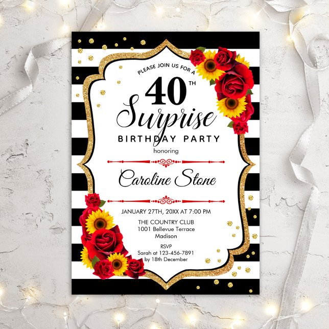 Surprise 40th Birthday - Red Roses Sunflowers Invitation (Creator Uploaded)