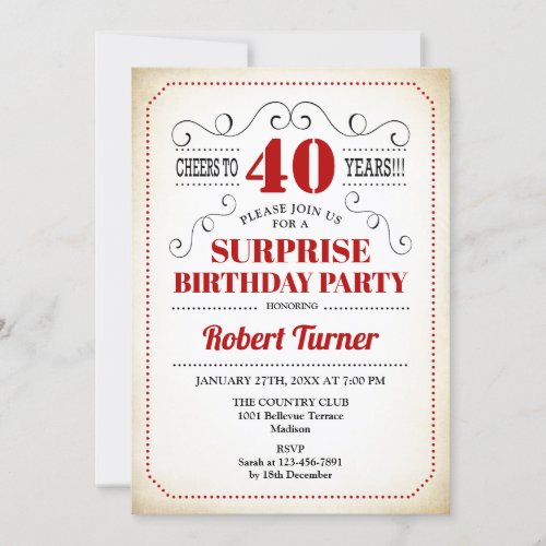 Surprise 40th Birthday _ Red White Black Invitation