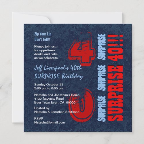 SURPRISE 40th Birthday Red White Blue W604 Personalized Invitation