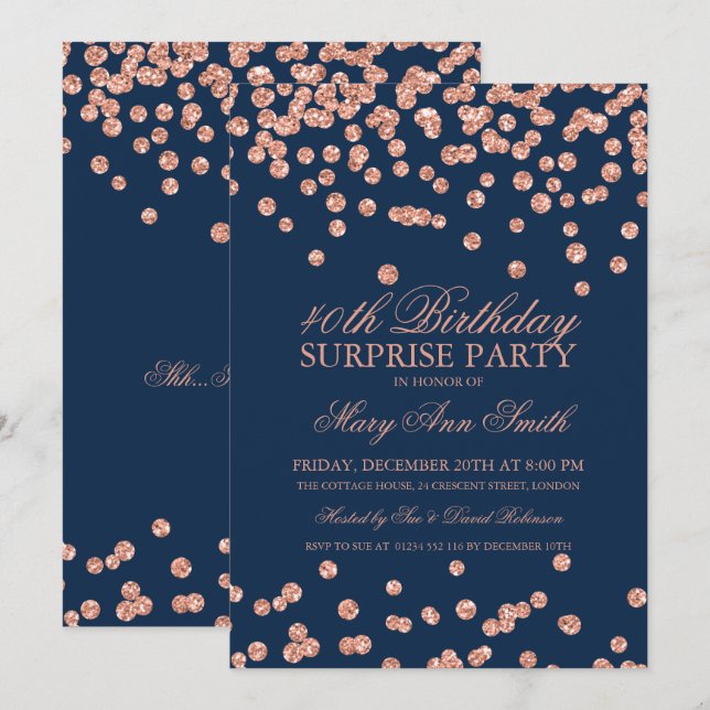 Surprise 40th Birthday Rose Gold Glitter Navy Blue Invitation (Front/Back)