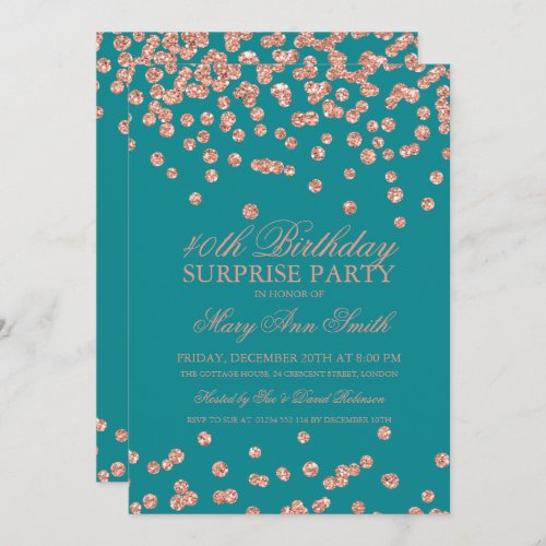 Surprise 40th Birthday Rose Gold Glitter Teal Invitation