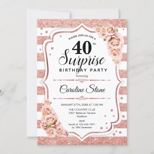 Surprise 40th Birthday - Rose Gold White Pink Invitation 