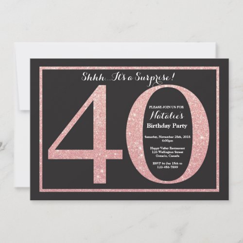 Surprise 40th Birthday Rose Pink Gold Glitter Invitation