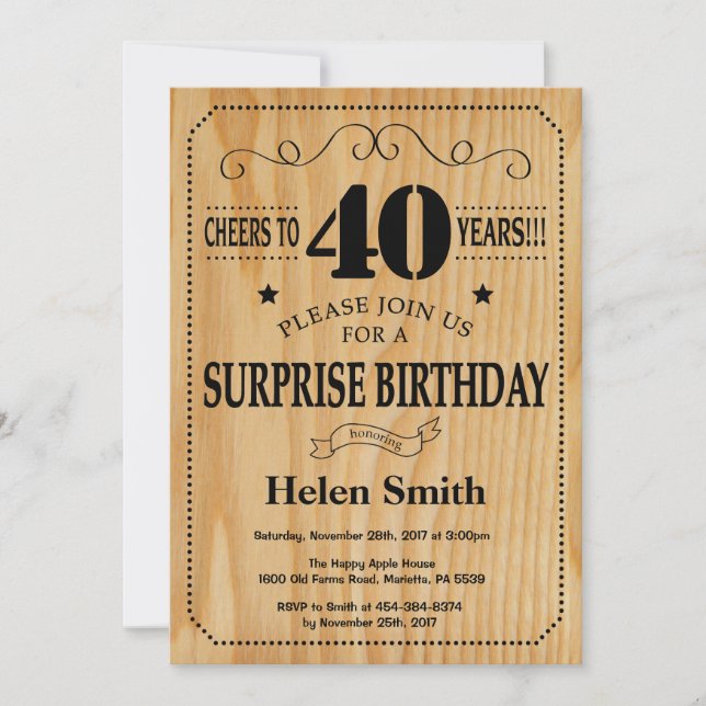 Surprise 40th Birthday Rustic Wood Invitation (Front)