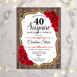 Surprise 40th Birthday - Rustic Wood Red Roses Invitation